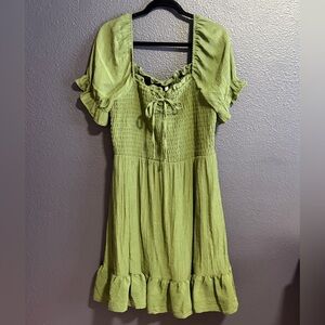 AUW Olive Green Puff Sleeve Smocked Ruffle Hem Mini Dress